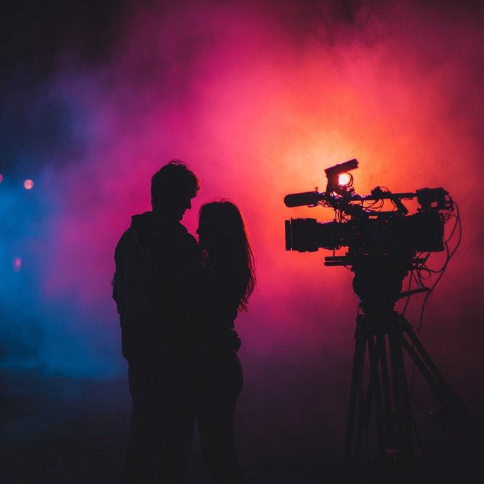 A couple filmed in silhouette against coloured haze
