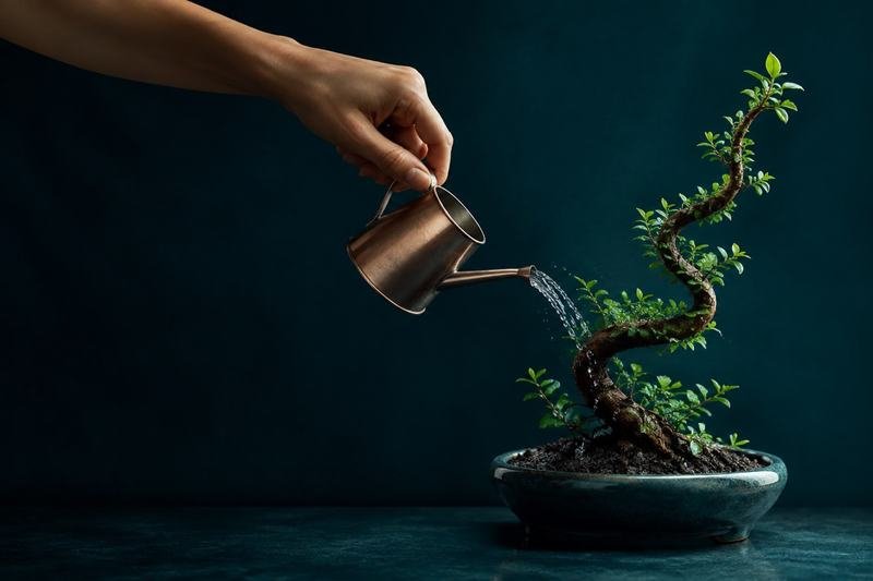 A hand watering a bonsai tree from a small copper can