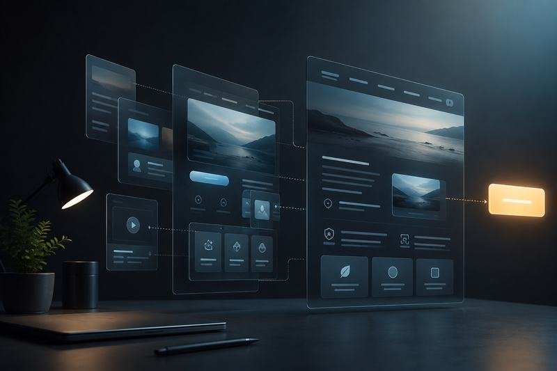 Translucent website page layouts floating above a desk, connected by dotted lines to a glowing button