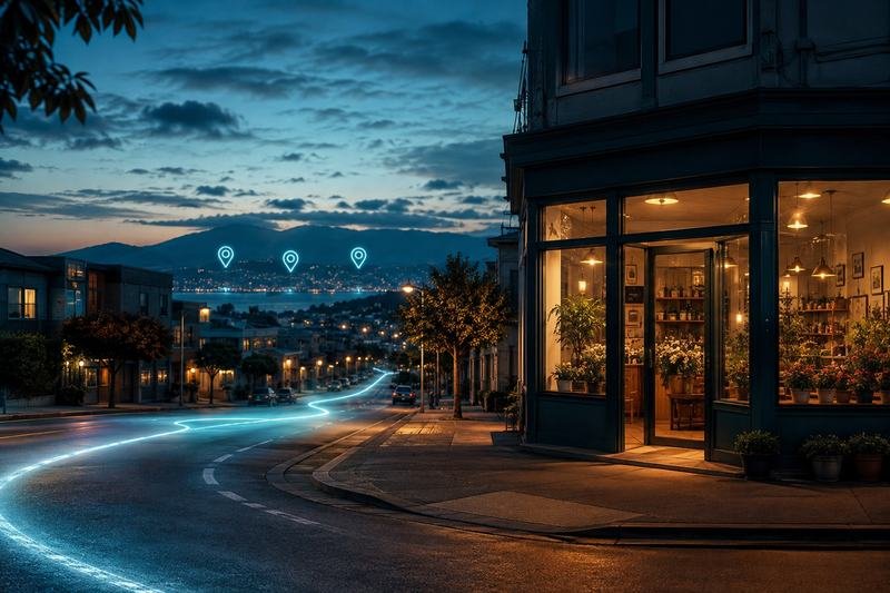 A corner shop lit up at dusk on a hillside street, with a glowing route on the road and map pins over the city beyond