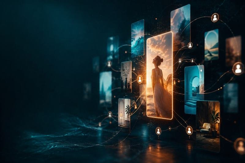 A glowing portrait of a woman at sunset at the centre of a web of floating photo frames and profile icons