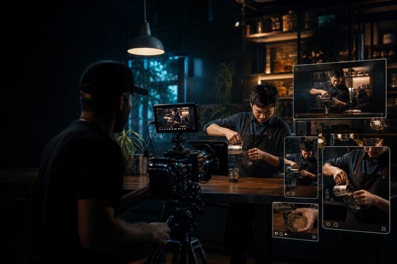 A camera operator filming a barista pouring coffee, with the footage appearing as social media posts beside him