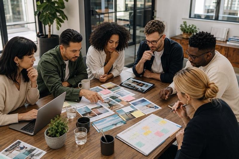 Six people around an office table reviewing printed photographs, a tablet and a planning calendar