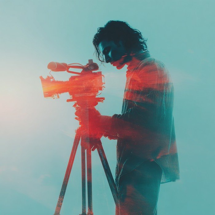 Double exposure of a camera operator on a tripod